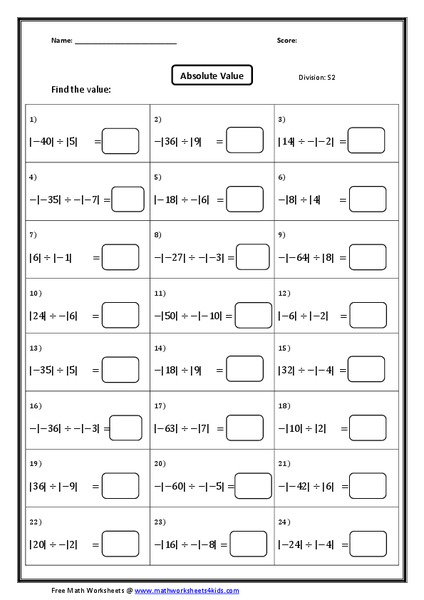 Division of Absolute Value of Numbers Worksheet