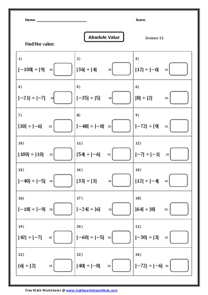 Division of Absolute Value of Numbers Worksheet