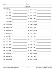 Division of Decimals Worksheet