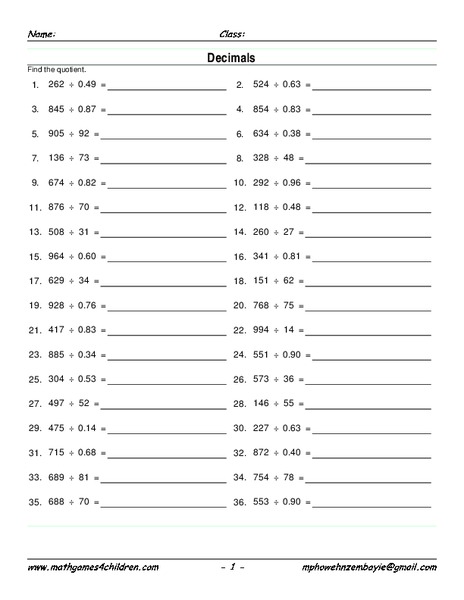 Division of Decimals Worksheet