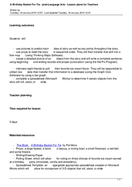 A Birthday Basket for Tia Lesson Plan