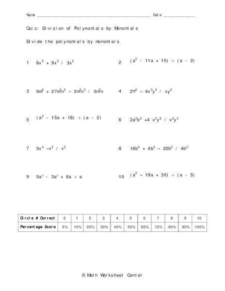 Division of Polynomials Worksheet