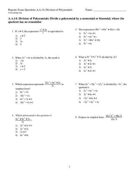 Division of Polynomials Worksheet