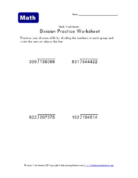 Division Practice Worksheet Worksheet