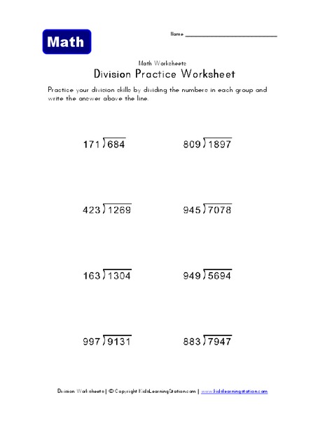 Division Practice Worksheet Worksheet