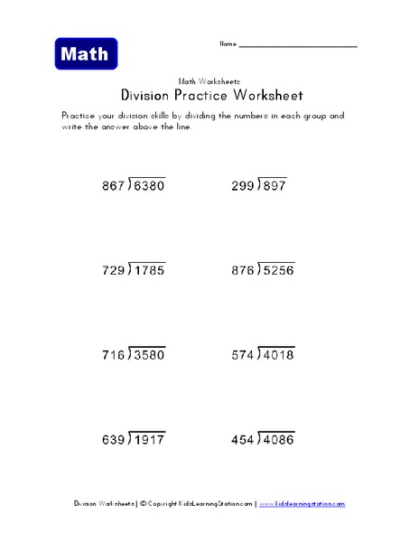 Division Practice Worksheet Worksheet
