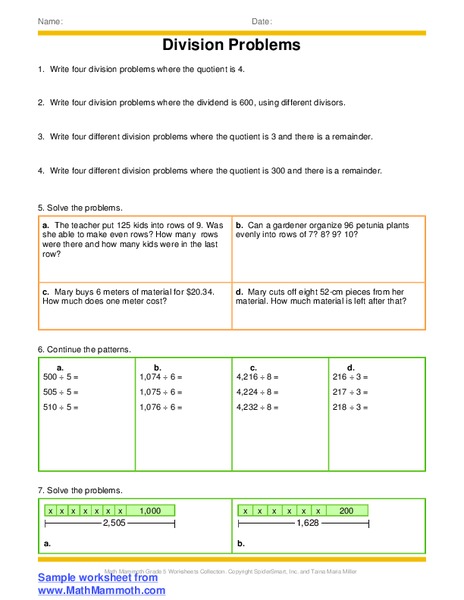 Division Problems Worksheet