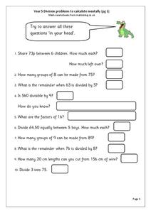 Division Problems to Calculate Mentally Worksheet