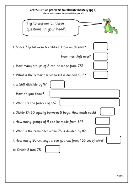 Division Problems to Calculate Mentally Worksheet