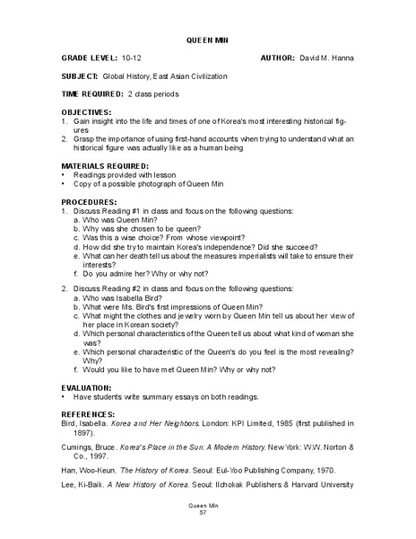 Queen Min Lesson Plan