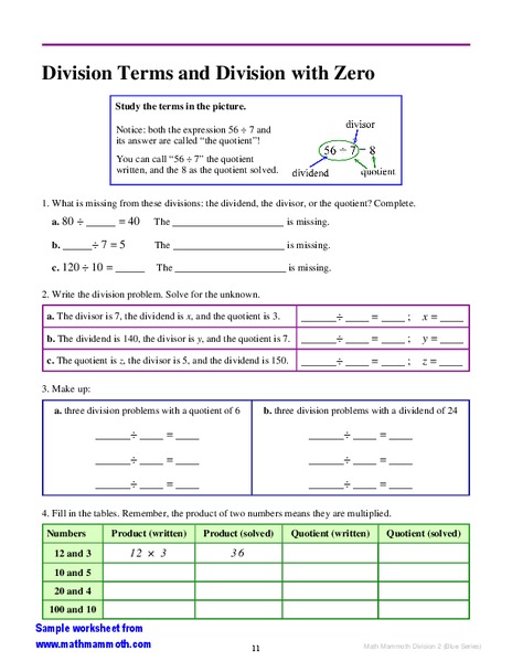 Division Terms, Zero and One Worksheet