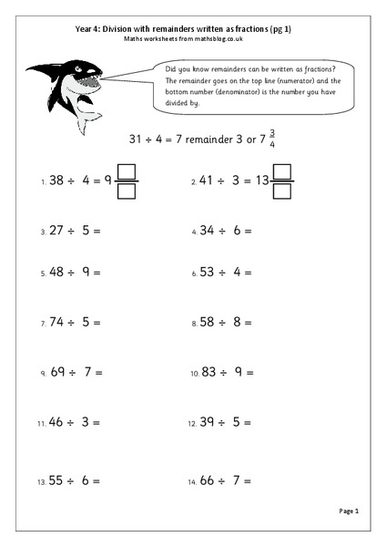 Division with remainders written as fractions Worksheet