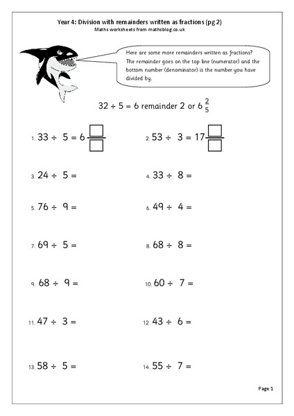 Division With Remainders Written As Fractions Worksheet