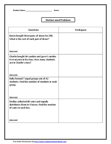 Division Word Problems Worksheet