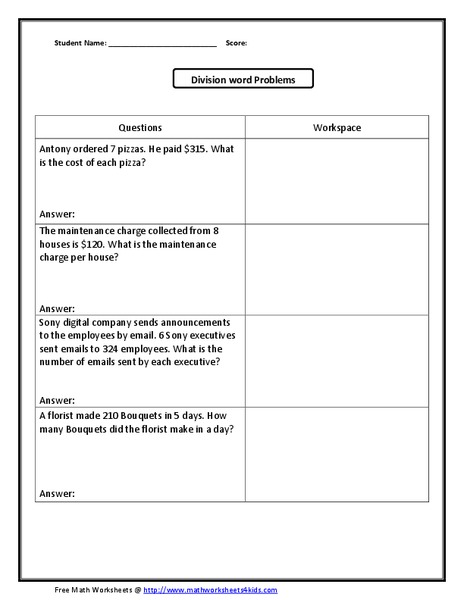Division Word Problems Worksheet