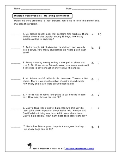 Division Word Problems Worksheet