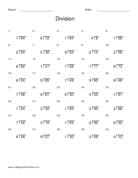 Division: One and Two Digit Numbers Worksheet