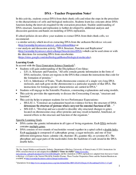 Extracting DNA from Your Cells - Teacher Preparation Notes Lesson Plan