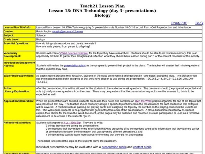 DNA Technology  Lesson Plan