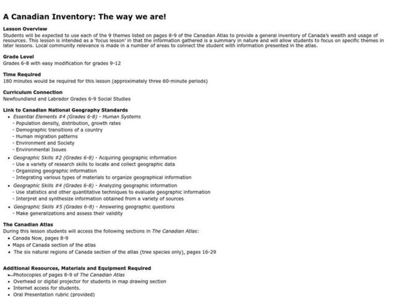 A Canadian Inventory: The Way We Are! Lesson Plan