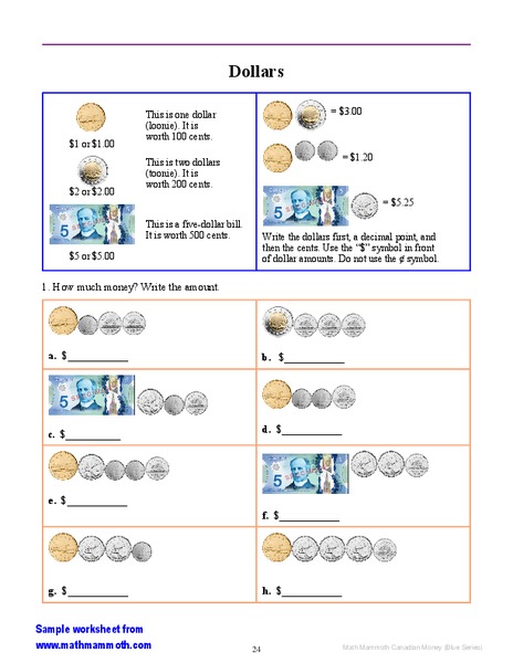 Dollars Worksheet