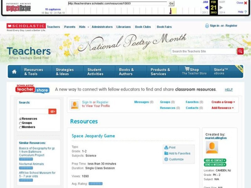 Space Jeopardy Game Lesson Plan