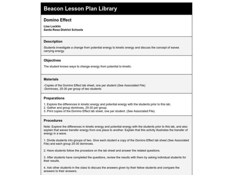 Domino Effect Lesson Plan