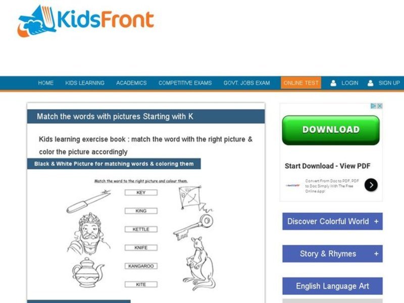 Match the Words with Pictures Starting with K Interactive