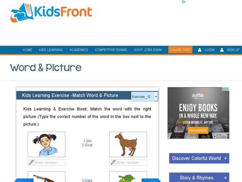 Kids Learning Exercise -Match Word & Picture G Interactive