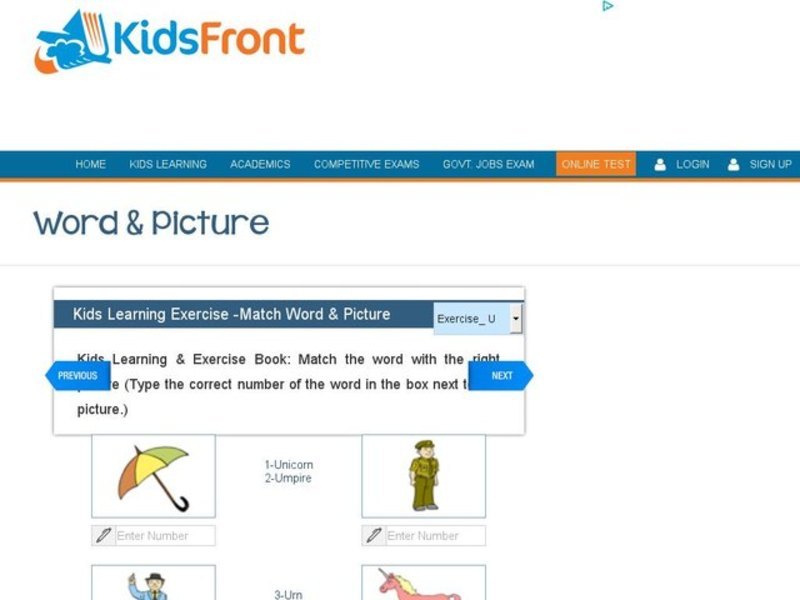 Kids Learning Exercise -Match Word & Picture: U Interactive