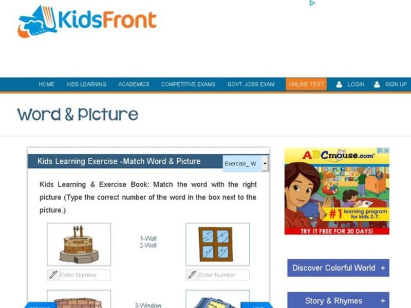 Kids Learning Exercise -Match Word & Picture: W Interactive