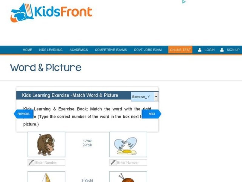 Kids Learning Exercise -Match Word & Picture: Y Interactive