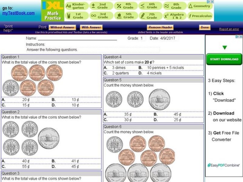 My Test Book: Counting Coins Interactive