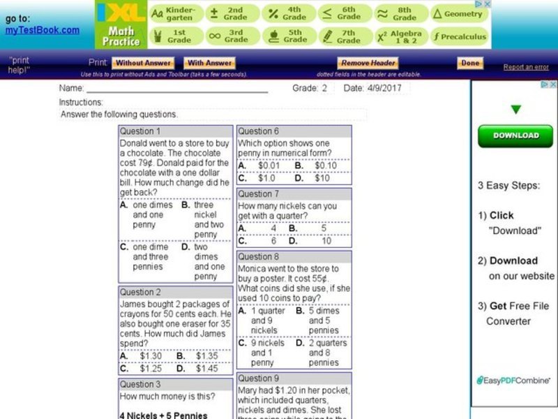 My Test Book: Money Problems Interactive