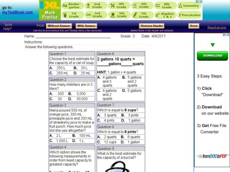 Measuring Volume, Standard and Metric Interactive