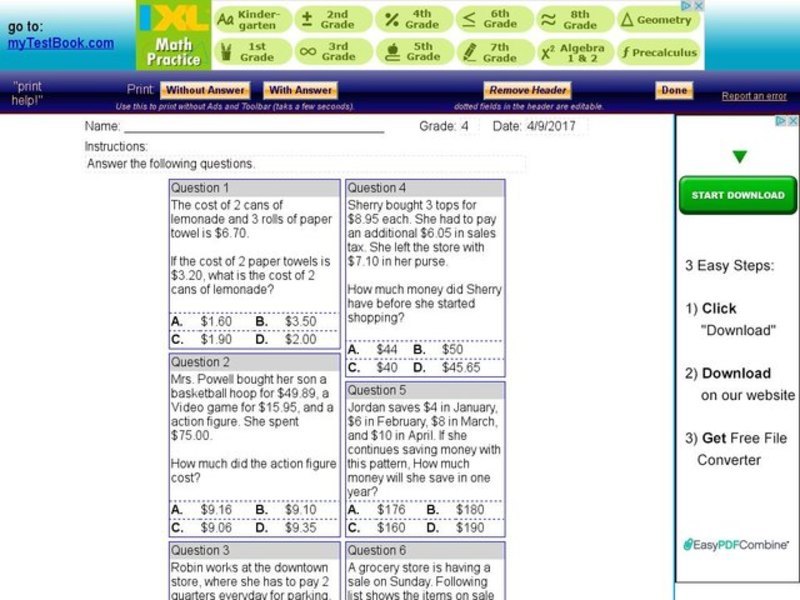Money Word Problems for Grade 4 Interactive