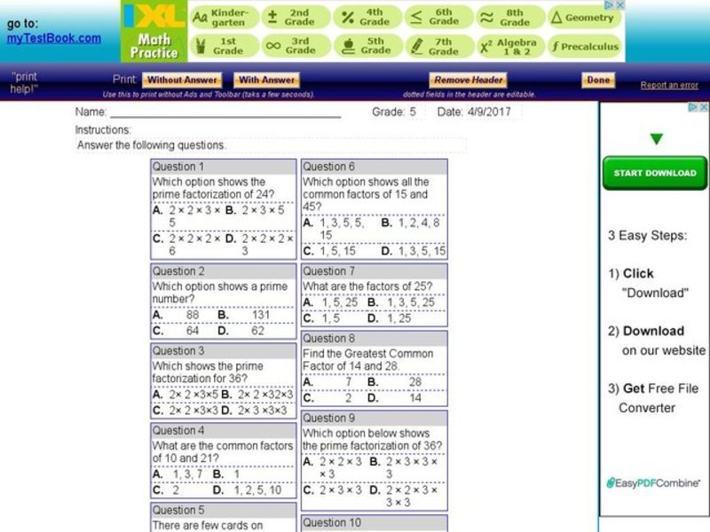 My Test Book: Factors and Prime Numbers Interactive