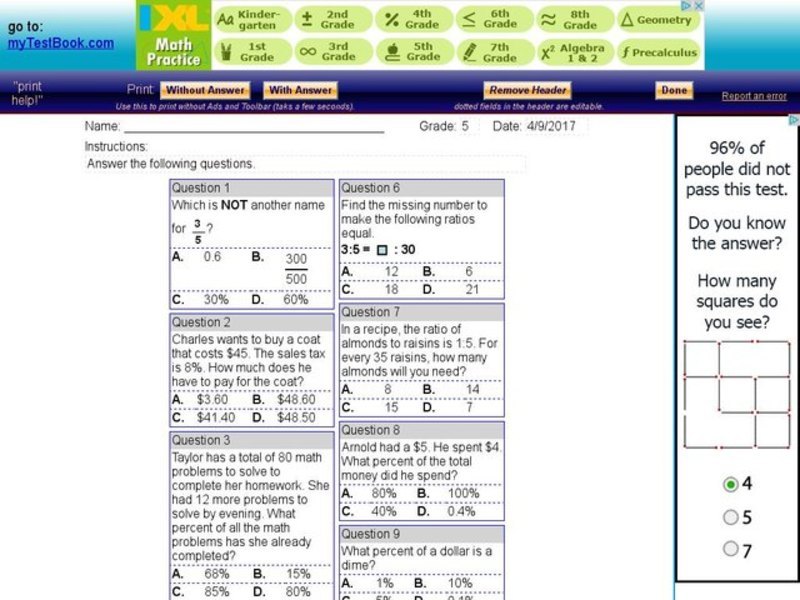 My Test Book: Percentages and Money Interactive