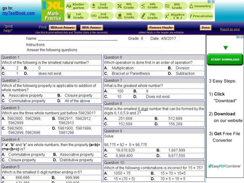 My Test Book: Properties of Whole Numbers Interactive
