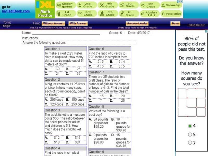 My Test Book: Ratios, Fractions, and Decimals Interactive