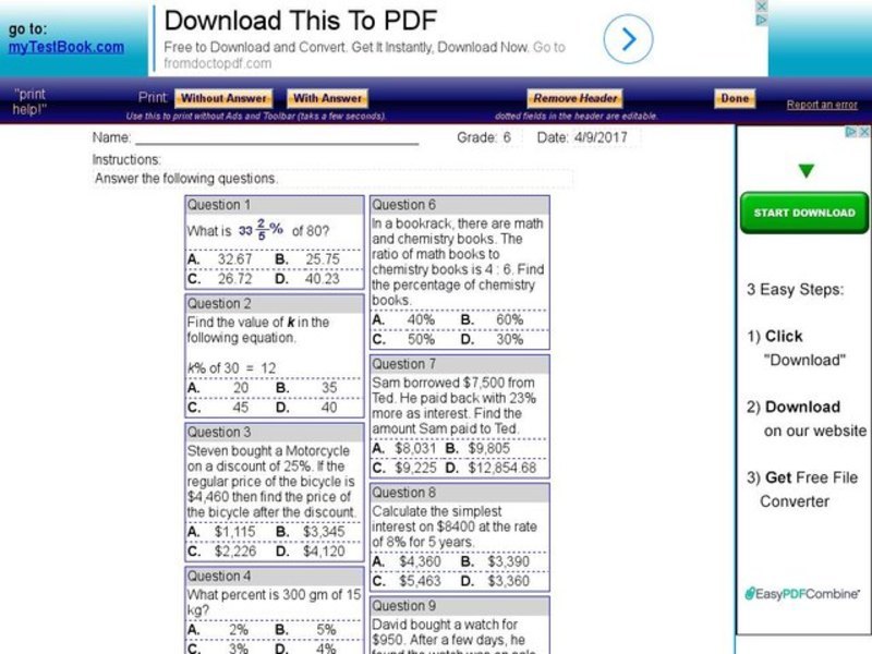 My Test Book: Percents Interactive
