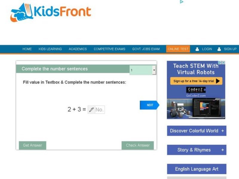 Complete the Number Sentence 1 Interactive
