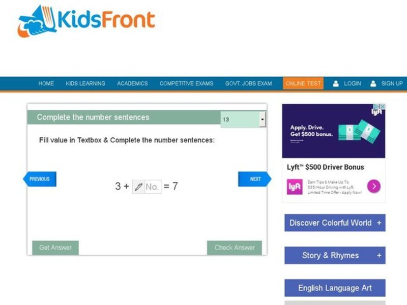 Complete the Number Sentences 13 Interactive