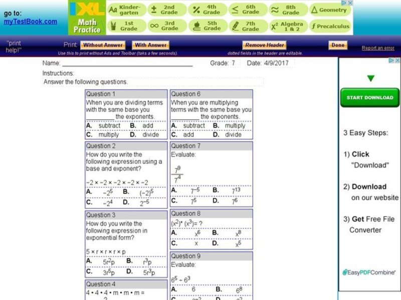 Multiple-Choice Questions regarding Simplifying with Exponents Interactive