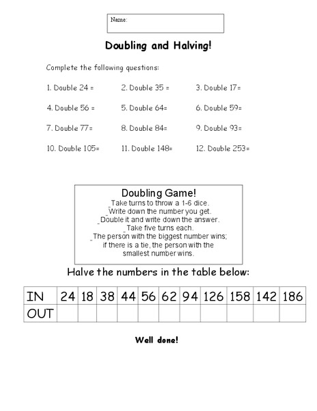 Doubling and Halving Worksheet