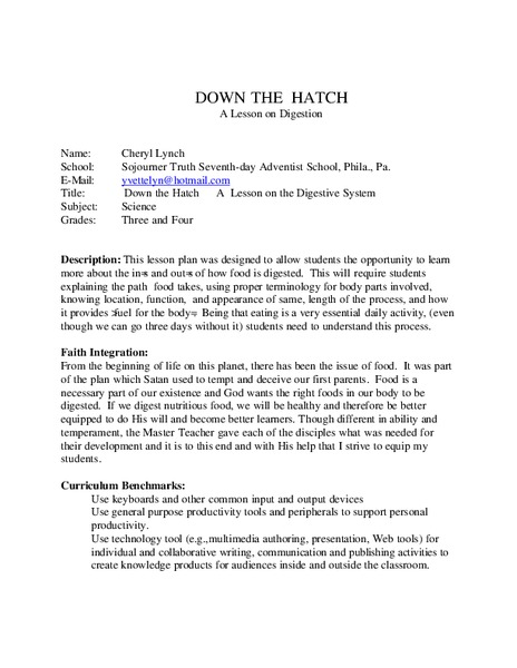 Down The Hatch Lesson Plan