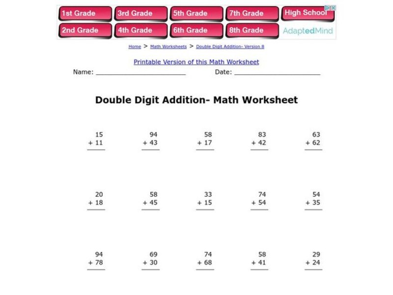 Double Digit Addition Worksheet