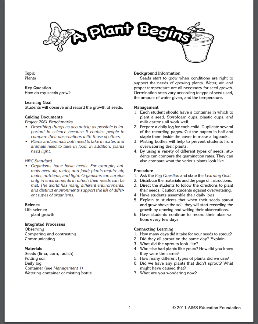 A Plant Begins Lesson Plan