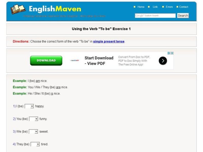 Using the Verb "to be" Exercise 1 Interactive