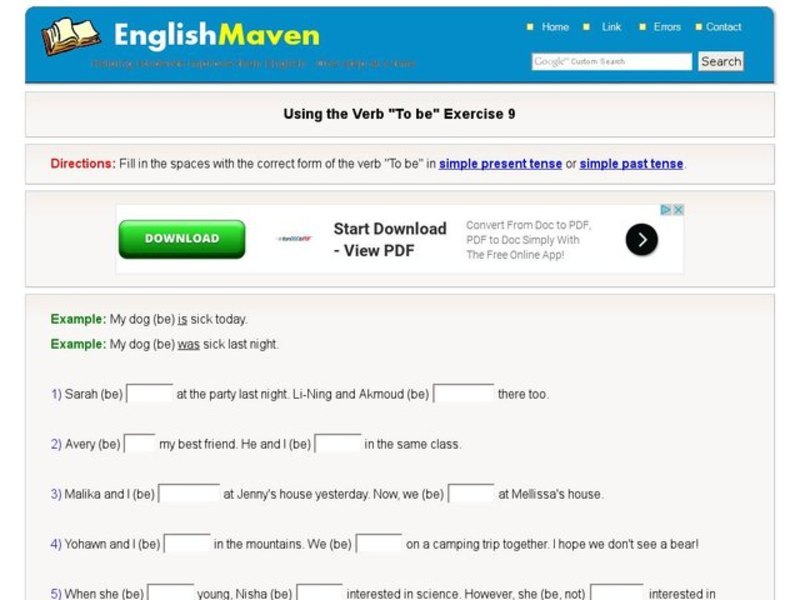 Using the Verb "to be" Exercise 9 Interactive